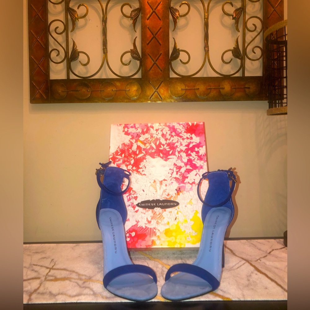 Blue suede heeled sandals, very classy and sexy, worn once, small flaw on heel